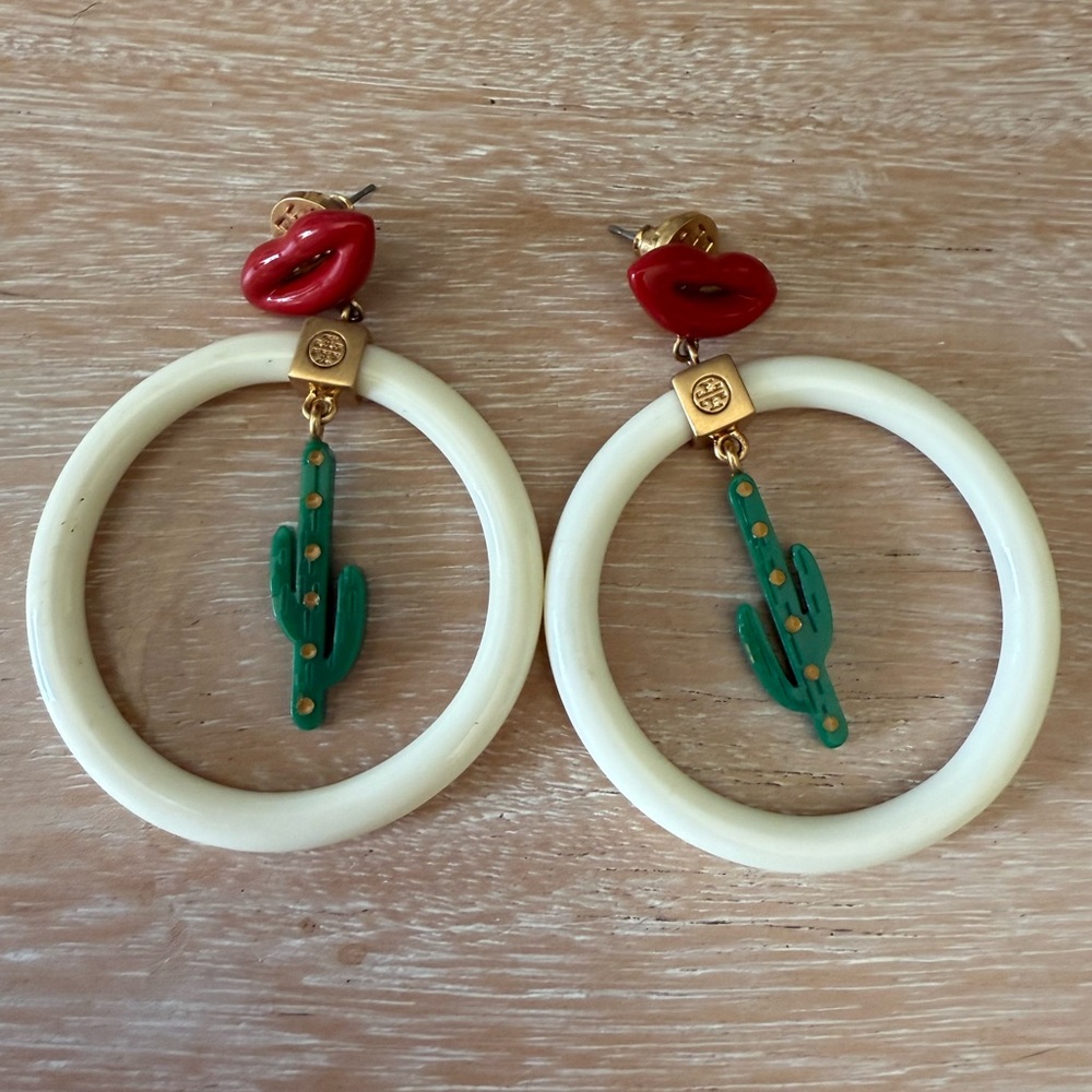Tory Burch Red and Green Cactus Hoop Earrings